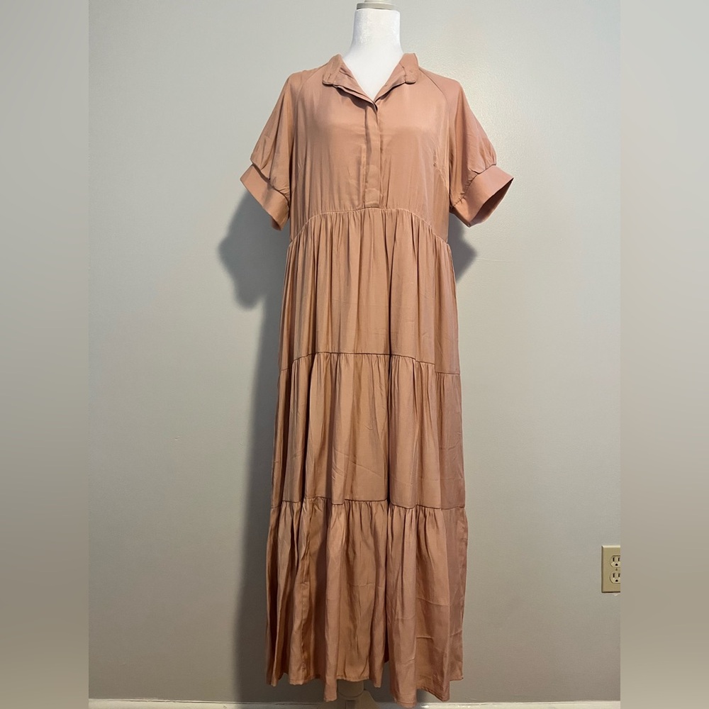 Tiered Short-Sleeve Maxi Dress in Dusty Rose